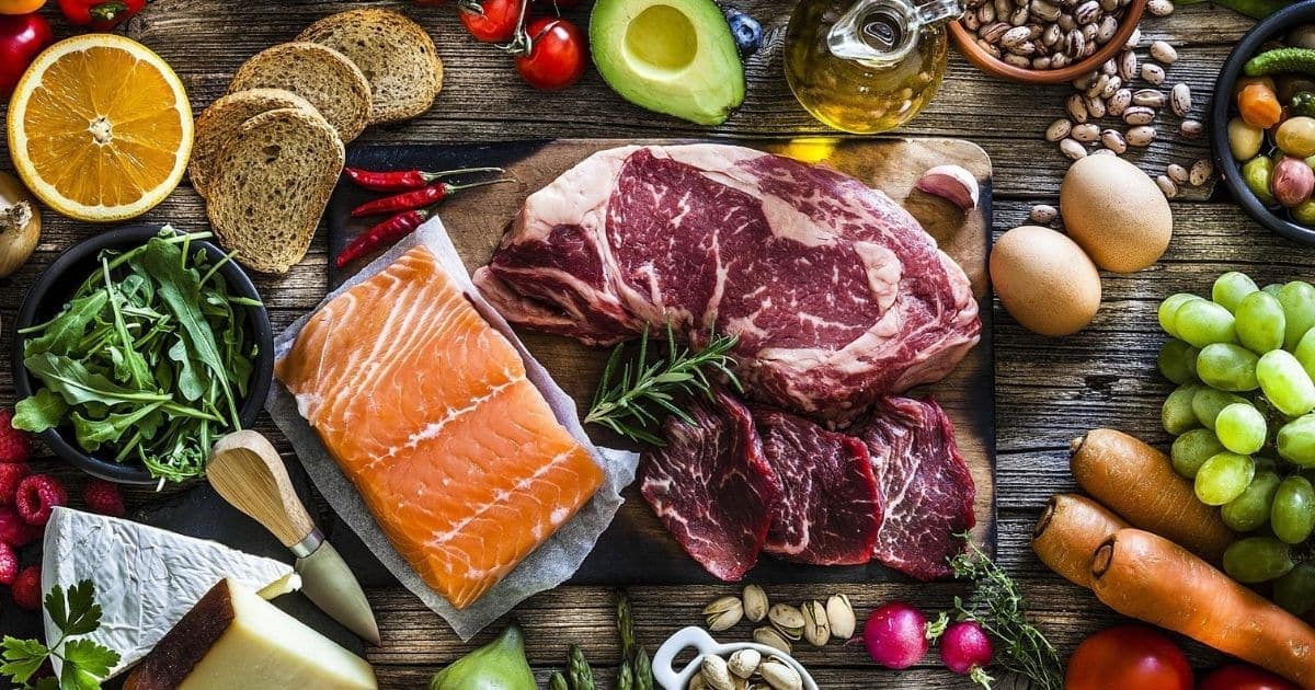 Healthy foods with fish, meat, and vegetables