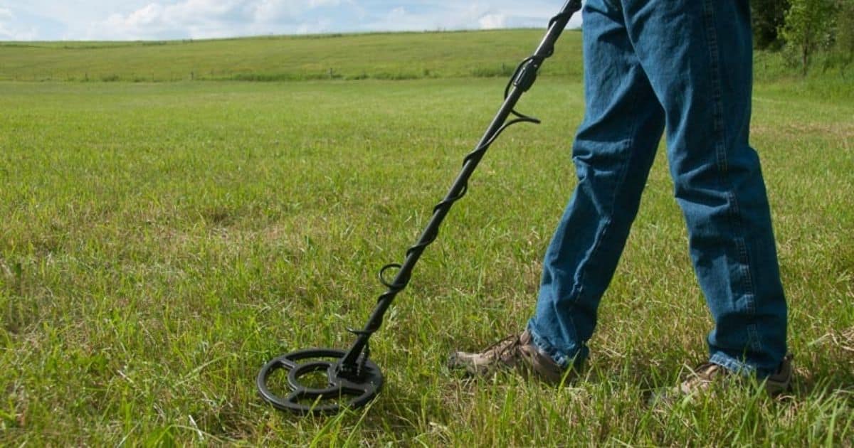 Person using a metal detector in a field
