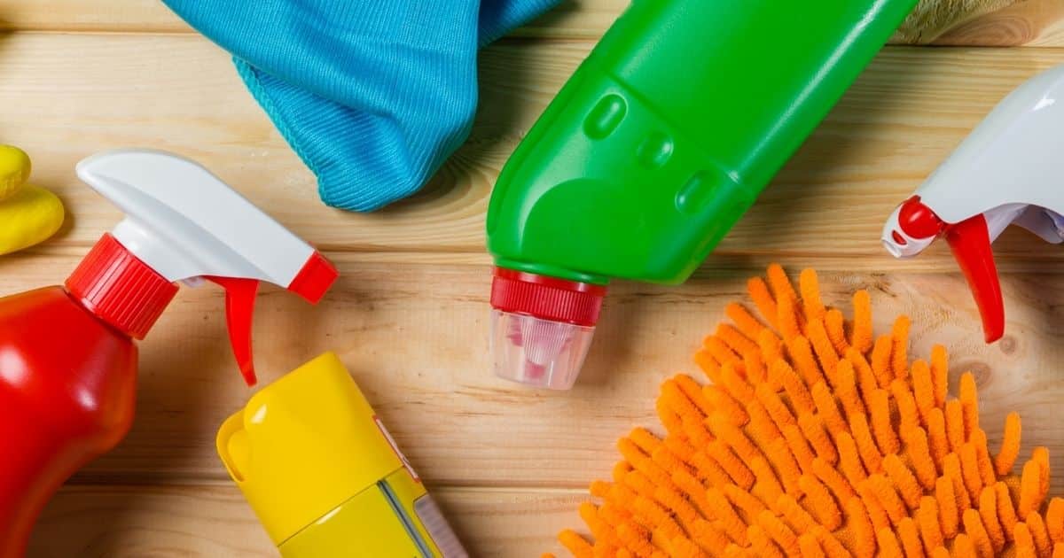 Household cleaning supplies on a table