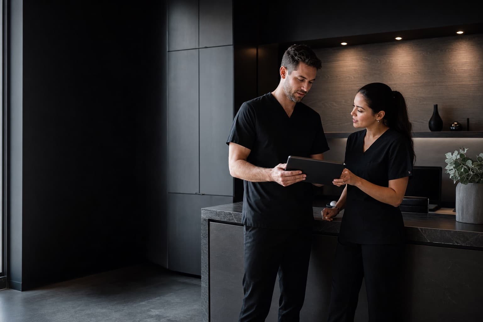 Two Mantality Health clinicians reviewing a patient chart at a clinic counter
