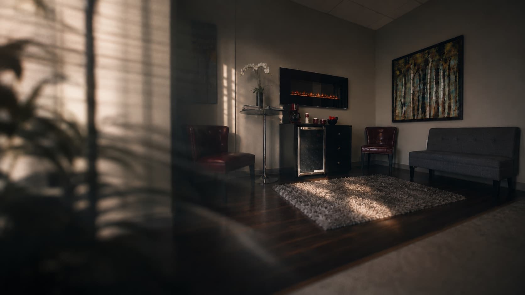 Mantality Health clinic waiting room in low, warm light