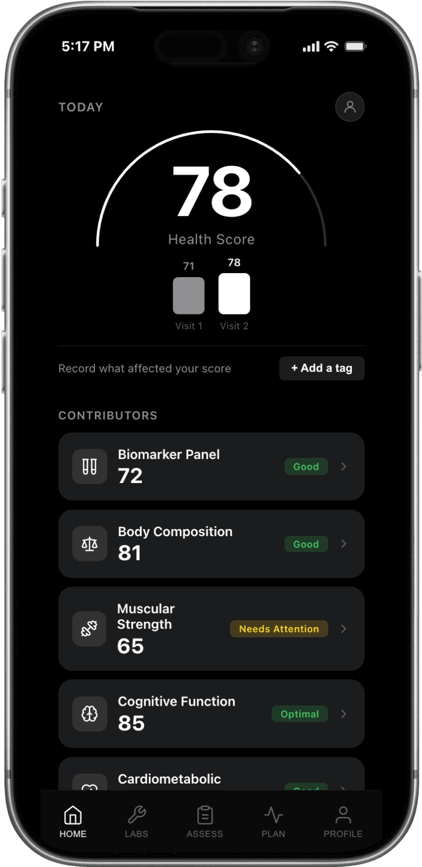 Phone screen showing a health score of 78