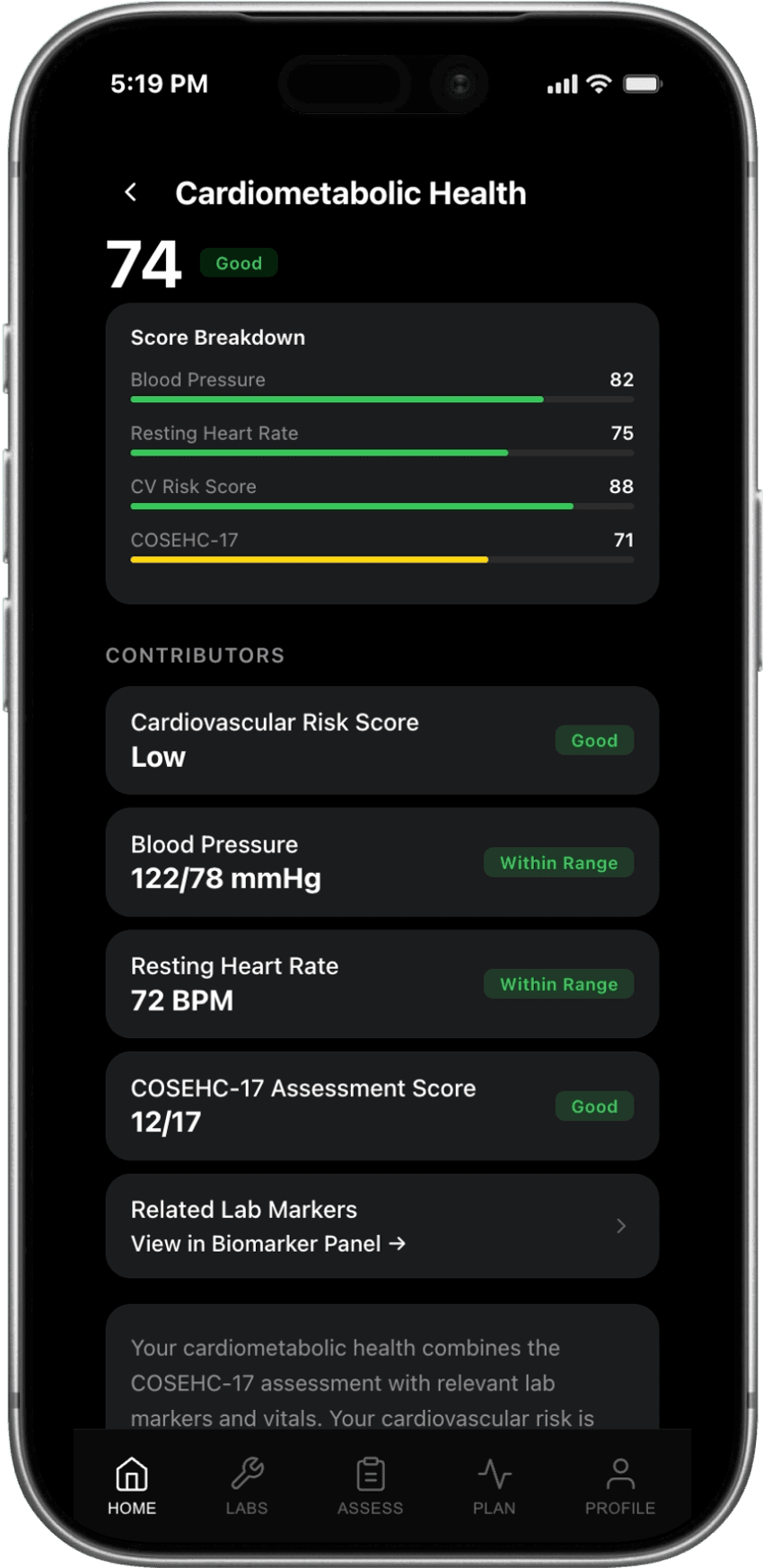 Phone screen showing a cardiometabolic health score breakdown