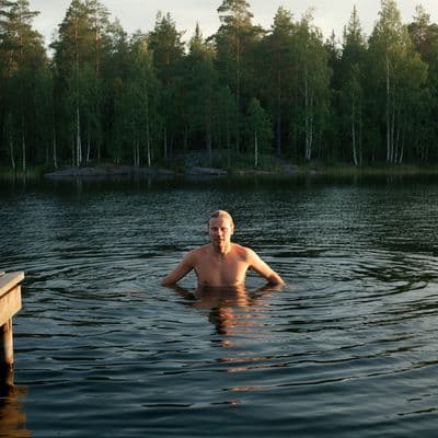 Man wading into a cold lake at first light