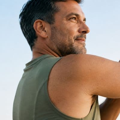 Man stretching his shoulder after training