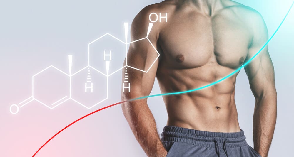 A man’s muscular torso with the chemical formula for testosterone