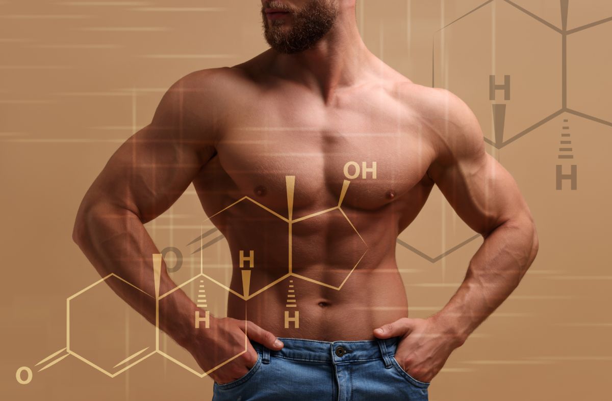 A muscled man and a testosterone molecule