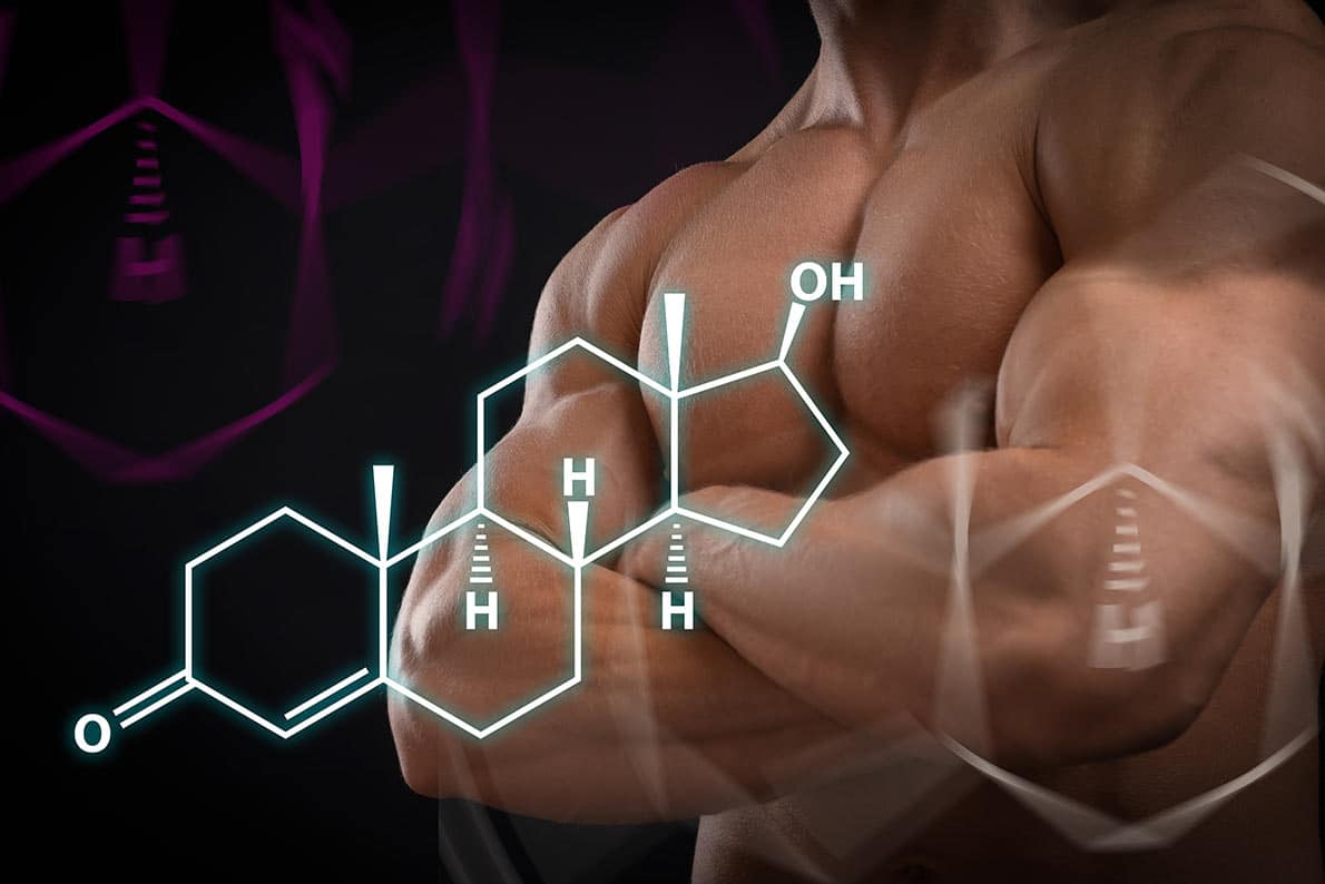 A muscular man with a testosterone molecule