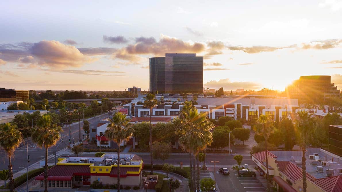 A sunset view of downtown Santa Ana.