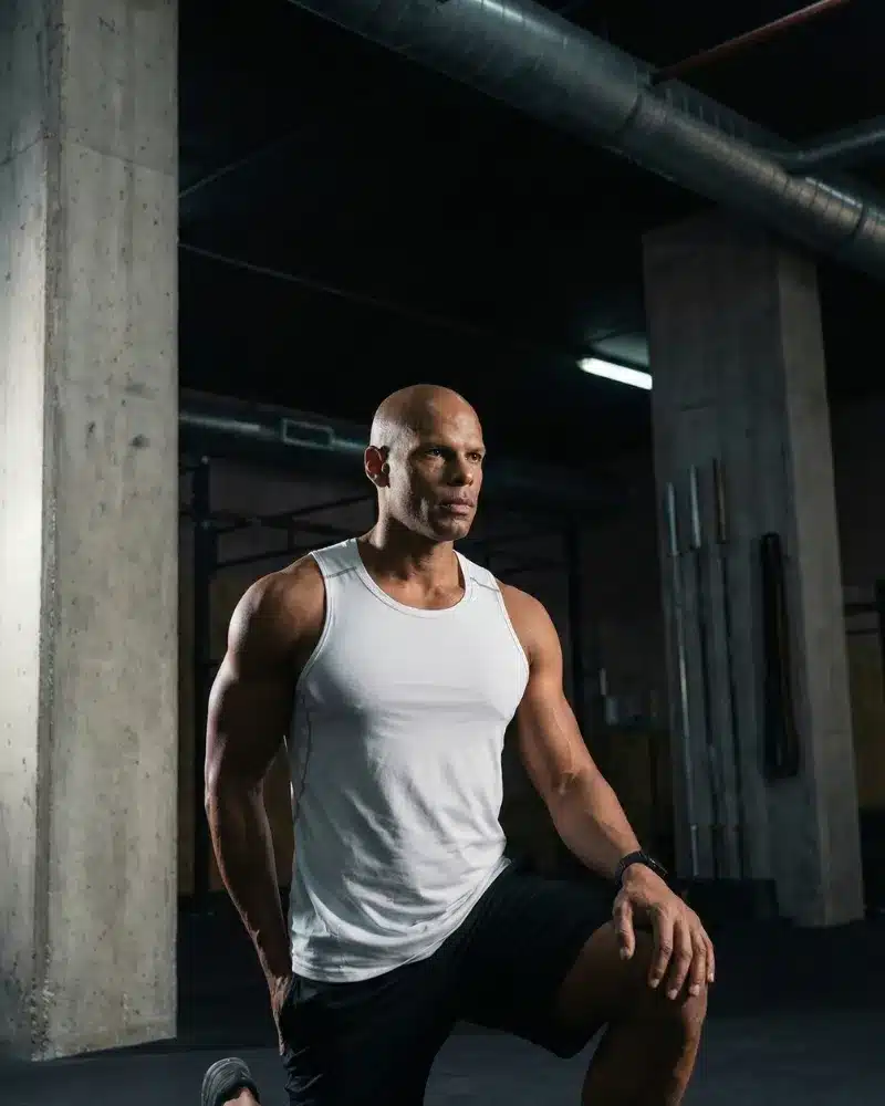 Man stretching after testosterone replacement therapy.