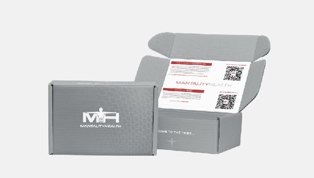 A discreet medical delivery box containing a TRT treatment kit sitting on a residential doorstep.