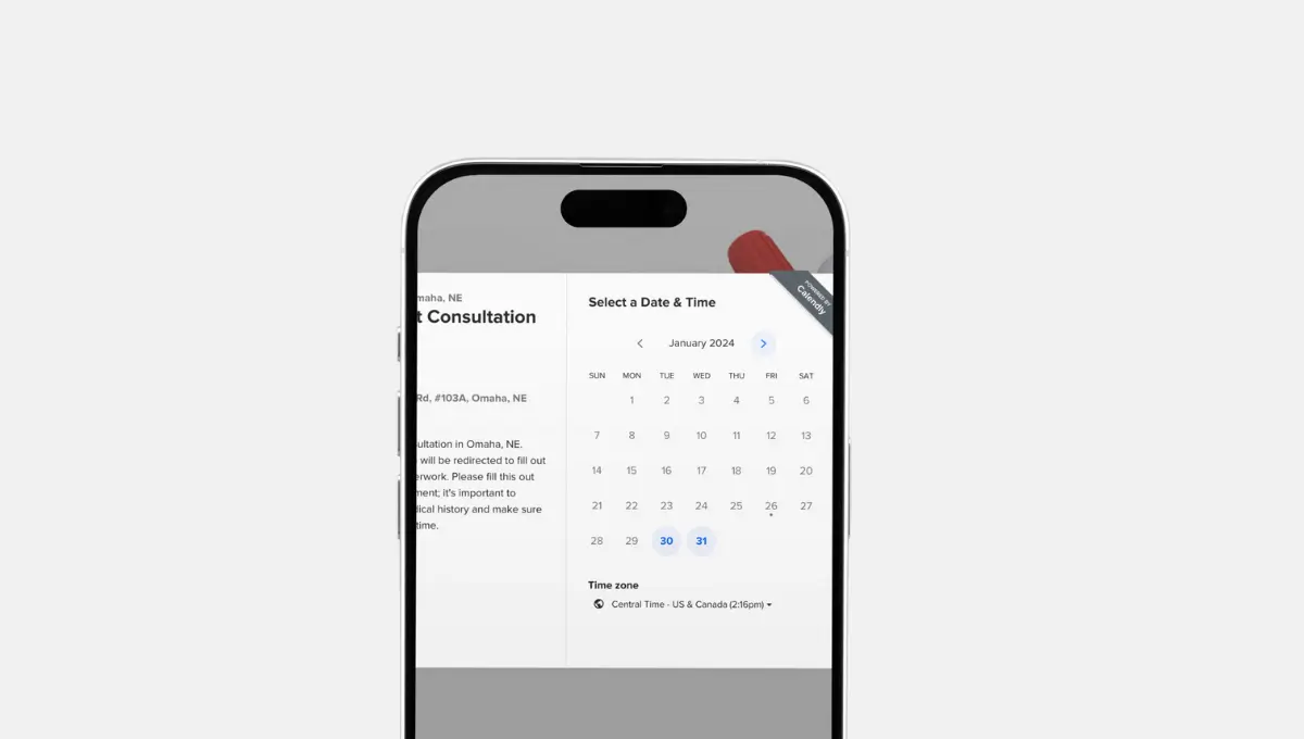Smartphone screen displaying a TRT consultation scheduling calendar.
